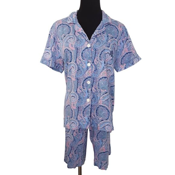 Lauren Ralph Lauren Black Label Notch Collar Pajama Set Bermuda Shorts Womens L - Picture 2 of 16